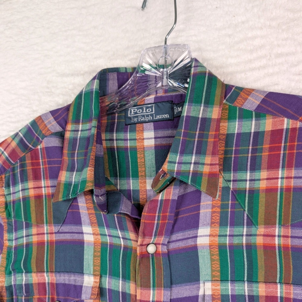 Polo by Ralph Lauren‎ Plaid Western Shirt Pearl Snap Medium Purple Green Orange